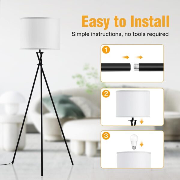 Tripod Floor Lamp, 61” Tall Floor Lamps, Standing Lamp with Rotary Switch, Modern Floor Lamp Simple Design with White Shade, Black Floor Lamps for Living Room, Bedroom, Office, Without Bulb - Image 5