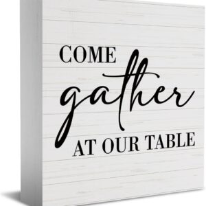 Kitchen Sign Kitchen Decor Desk Decor Wooden Box Sign Housewarming Gift Rustic Wood Block Plaque Box Sign for Home Farmhouse Kitchen Dining Room Shelf Table Decoration Come Gather At Our Table Sign
