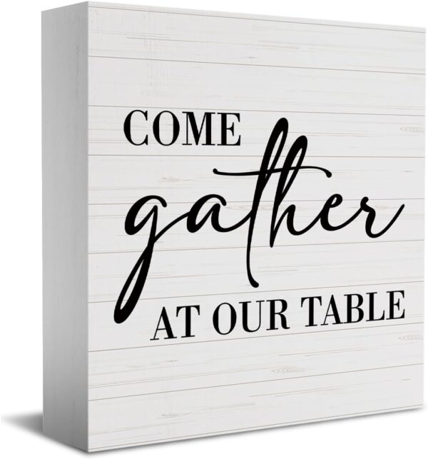 Kitchen Sign Kitchen Decor Desk Decor Wooden Box Sign Housewarming Gift Rustic Wood Block Plaque Box Sign for Home Farmhouse Kitchen Dining Room Shelf Table Decoration Come Gather At Our Table Sign