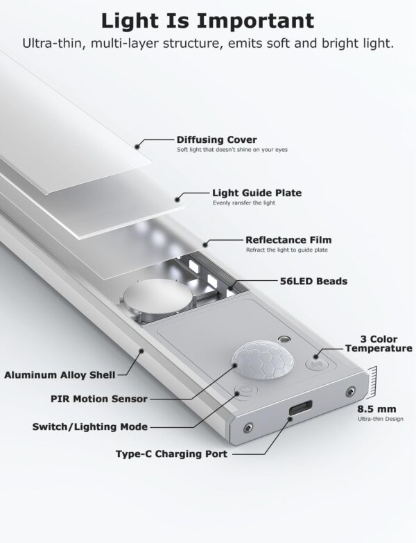 56LED Under Cabinet Lighting Wireless w/Remote, 11.8'' Motion Sensor Light Indoor Rechargeable Under Cabinet Lights, Magnetic Closet Lights Battery Operated, Under Counter Lights for Kitchen (6) - Image 6