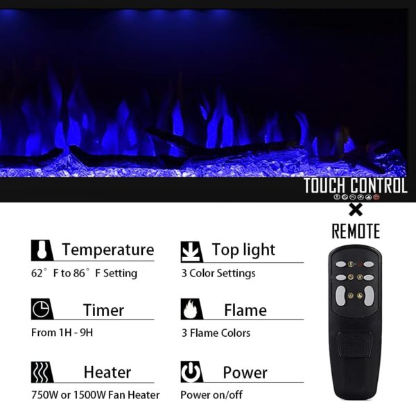 Luxurious 60" Electric Fireplace, Wall Mounted&in Wall Recessed Fireplace Heater, Adjustable Flame Color & Top Light, Remote&Touch Control with Timer&Thermostat, Log & Crystal Set - Image 5