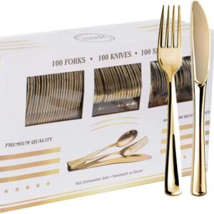 N9R 300PCS Gold Plastic Silverware - Heavy Duty Gold Plastic Cutlery Set Disposable Flatware Dinnerware -100 Gold Forks, 100 Gold Spoons, 100 Gold Knives