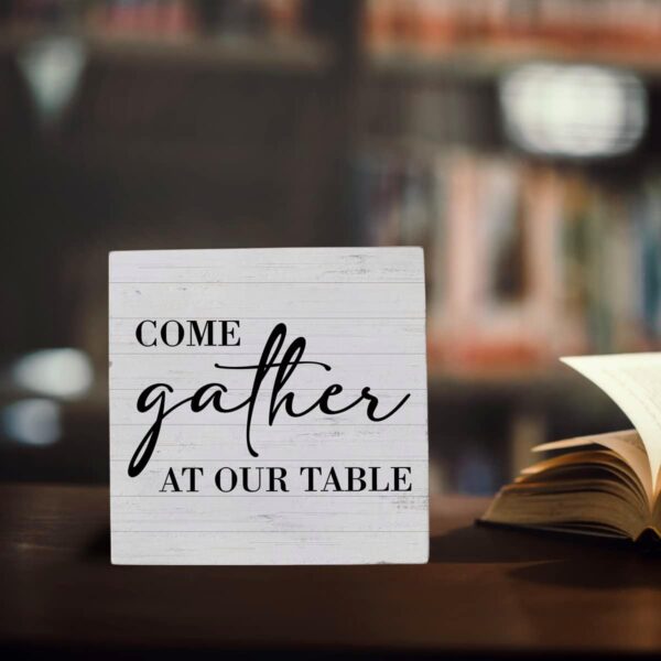 Kitchen Sign Kitchen Decor Desk Decor Wooden Box Sign Housewarming Gift Rustic Wood Block Plaque Box Sign for Home Farmhouse Kitchen Dining Room Shelf Table Decoration Come Gather At Our Table Sign - Image 4