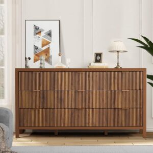 Mid Century Modern Dresser TV Stand, 9 Drawer Dresser for Bedroom Wood, Farmhouse Boho Storage Cabinet Side Table with Solid Natural Wood Legs, Long Wooden Dresser for Closet (Walnut)