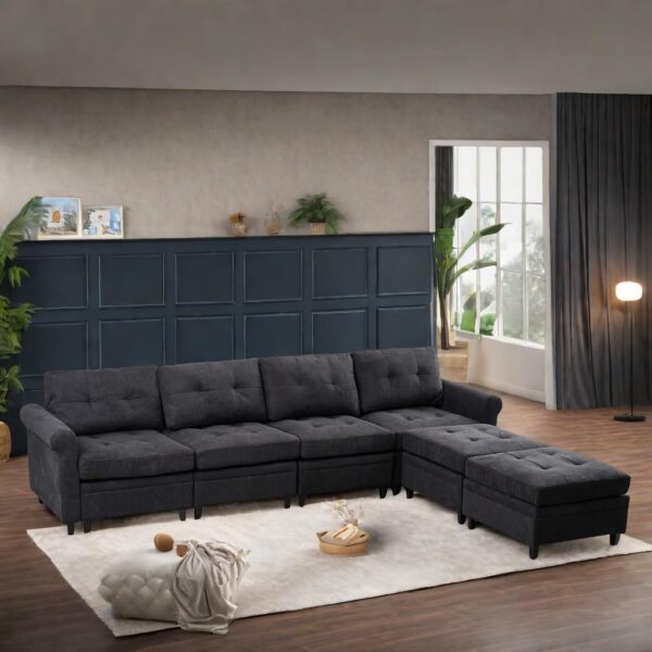 Couch, U-Shaped Sectional Sofa, Home Modular Sectional Sofa with Double Chaise, 6 Seat Comfy Sectional Sofa for Living Room, Dark Gray - Image 5