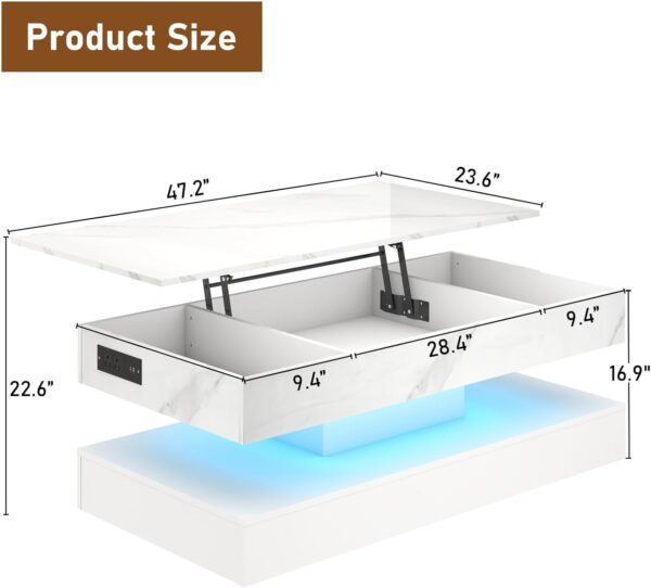 47.2" Large Lift Top Coffee Table with Charging Station, LED Modern High Glossy Center Table with Hidden Compartment Storage, White Lift Living Room Tables with Marbling Print - Image 2