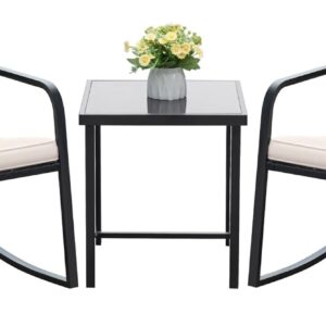 Devoko 3 Piece Rocking Bistro Set Wicker Patio Outdoor Furniture Porch Chairs Conversation Sets with Glass Coffee Table (Beige)