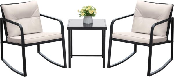 Devoko 3 Piece Rocking Bistro Set Wicker Patio Outdoor Furniture Porch Chairs Conversation Sets with Glass Coffee Table (Beige)