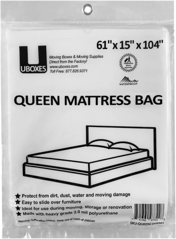 uBoxes Queen Mattress Clear Plastic Poly Covers, 61 x 15 x 104 inch, Heavy Duty 2 mil, 1 Pack - Image 8