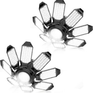 LED Garage Light - 2Pack Bright 50000LM Garage Lights Ceiling Led w/ 8 Deformable Panels 6500K Led Light Bulb Srew in E26/E27 Socket with Adjustable Center Spotlight for Barn Workshop Attic