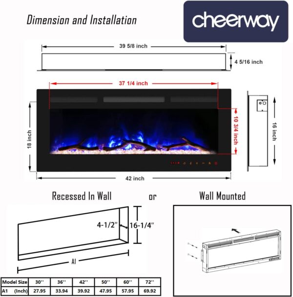 Cheerway 50 Inch Electric Fireplace, Recessed Fireplace Insert and Wall Mount Fireplace Heater with Remote & Touch Control, Adjustable Flame Color & Brightness, Log Set & Crystals, Child Lock & Timer - Image 7