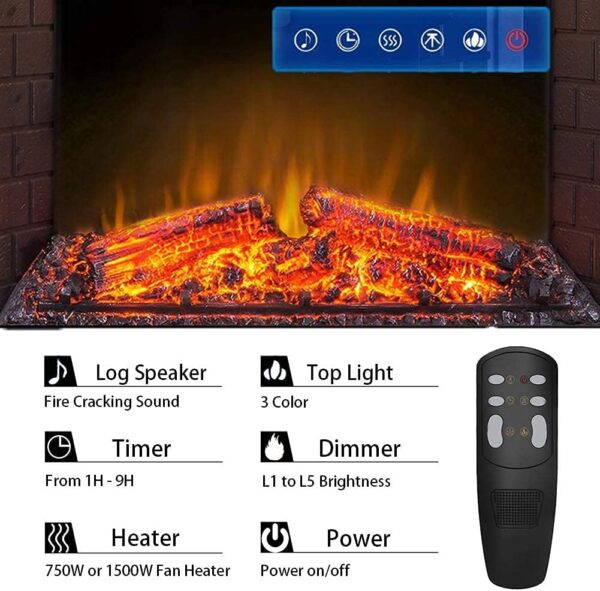 36'' Electric Fireplace Insert, Retro Recessed Fireplace Heater with Fire Cracking Sound, Remote Control & Timer, 750/1500W, Black - Image 7