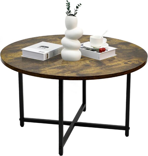 Round Coffee Table, 23.6" Small Coffee Tables for Living Room, Circle Coffee Table with Metal Frame, Wood Coffee Tables for Small Spaces, Modern Center Table for Home, Office, Rustic Brown
