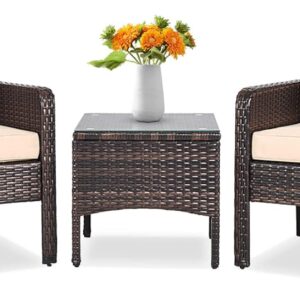 Tangkula 3 Piece Outdoor Patio Furniture Set for 2, Wicker Chairs with Glass Top Coffee Table, Thick Cushions, All Weather Garden Lawn Poolside Backyard Porch (Brown)