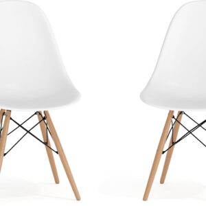 Flash Furniture Elon Series Plastic Modern Dining Chairs with Wooden Legs, Mid-Century Side Chairs for Dining Rooms and Offices, Set of 2, White
