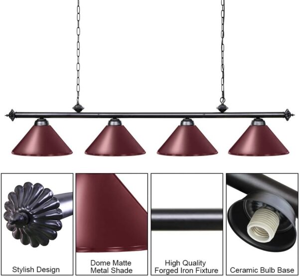 Wellmet Pool Table Light, 4 Light Billiard Light for Over Pool Table Hanging Ceiling Light Fixture with Lamp Shade, 70Inch Pool Table Light Fixture for 7' 8' Pool Table, Game Room, Man Cave - Image 3
