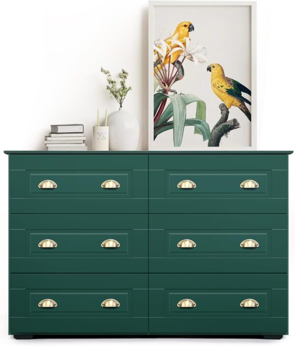 6 Drawer Double Dresser for Bedroom, Wood Chest of Dressers, Modern Wooden Dresser Chest with Handles, Beside Table for Closet, Living Room and Entryway, Green - Image 3