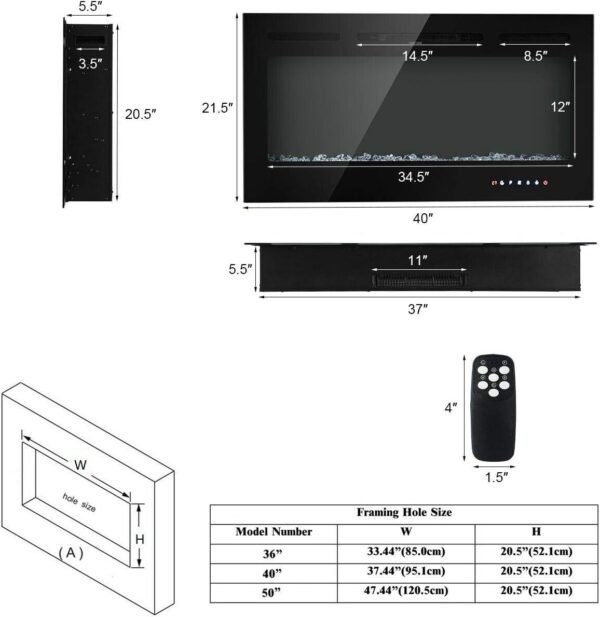 Tangkula 40 inches Electric Fireplace Insert with Thermostat, in-Wall Recessed and Wall Mounted 1500 W Faux Fireplace, Touch Screen Control, 9 Flamer Color, Temperature Control & Timer (40 inches) - Image 5