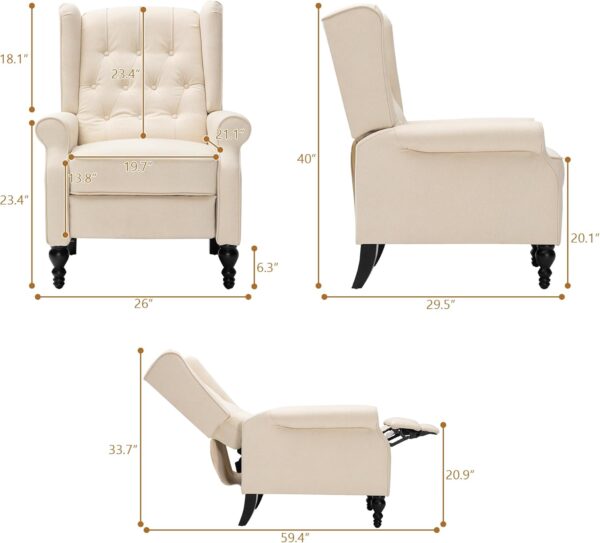 Mid Century Wingback Recliner Chair for Adults, Modern Linen Fabric Push Back Recliner Chairs with Button Tufted Upholstered Back & Footrest, Manual Recliner Chais for Living Room, Nursery, Gray - Image 2