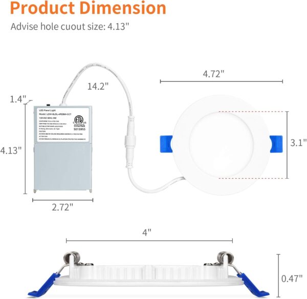 Meconard 6 Pack 4 Inch 5CCT LED Recessed Lighting with Night Light, 2700K/3000K/3500K/4000K/5000K Selectable Ultra-Thin LED Recessed Ceiling Lights, 9W=75W, 750LM, Dimmable Canless Wafer Downlight - Image 5