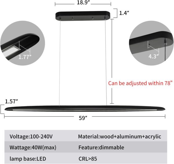 59inch Integrated Led Pendant Light 40w Dimmable Wood Black Linear Pendant Lighting Led Modern Island Light with Black Finish for Living Room Dining Room Billiard & Pool Lights - Image 7