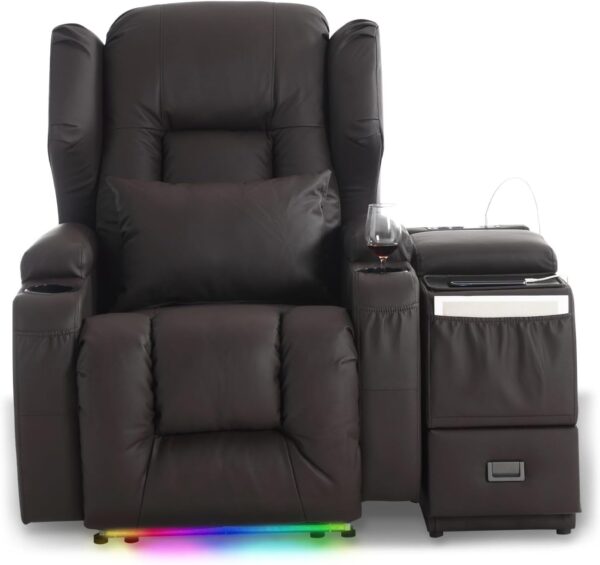 Leather Power Recliner Chair Set with Multi-Functional Console, LED Light Theater Seating Double Recliner with Massage and Heat, Cup Holders/Charging/Free Pillows (Brown, Single Chair) - Image 3