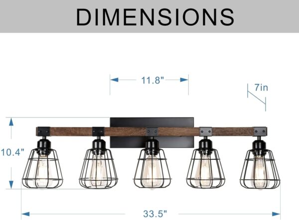 5 Lights Modern Wall Lighting Over Mirror,Bathroom Vanity Light Fixtures,Farmhouse Black Wood Metal Cage Industrial Wall Sconce - Image 4