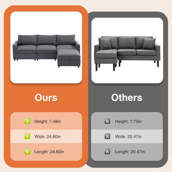Sweetcrispy Convertible Modular Sectional Sofa, 3 Seat Sectional Couches for Living Room, Basic Shape Modern Fabric Modular Sofa Sleeper with Double Chaise for Home, Apartment, Dorm, Grey - Image 3