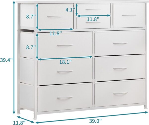 LUMTOK 10-Drawer Dresser, Fabric Storage Dressers Drawers for Bedroom, Hallway, Nursery, Closets, Steel Frame, Wood Top, Easy Pull Handle (White) - Image 3