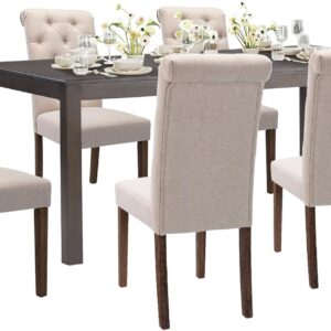 COLAMY 7-Piece Dining Table Set for 6, 60" Kitchen Wood Table with 6 Tufted Dining Room Chairs, Brown/Beige