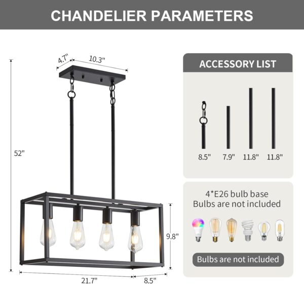 Dining Room Light Fixture 4 Light Black Farmhouse Chandelier Modern Kitchen Island Pendant Lighting Rectangular Hanging Lights for Kitchen Dining Room Adjustable Height Metal E26 Base - Image 6