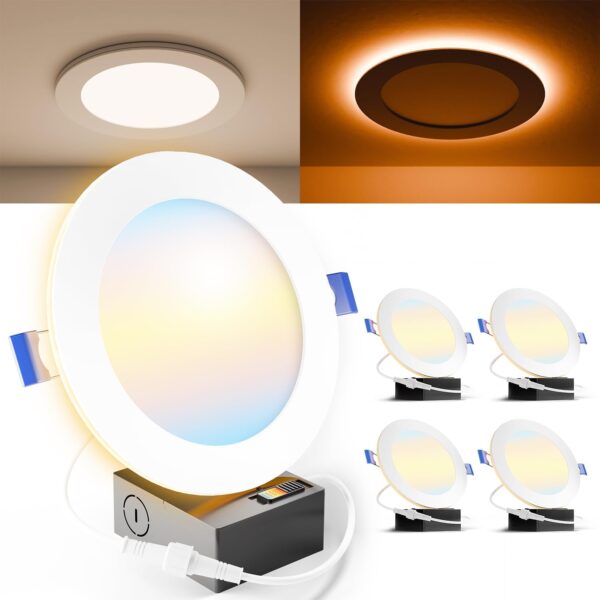 Sunco 4 Pack 6 Inch Ultra Thin LED Recessed Ceiling Lights with Night Light, 1500 LM, Selectable CCT 2700K/3000K/4000K/5000K/6000K, Dimmable, 15W, Canless with Junction Box