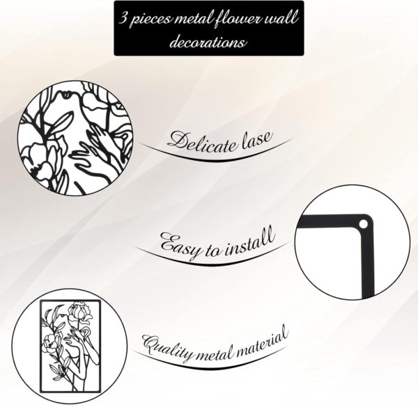 CHENGU 3 Pieces Metal Minimalist Abstract Woman Wall Art Line Drawing Wall Art Decor Single Line Female Home Hanging Wall Art Decor for Kitchen Bathroom Living Room (Floral Style) - Image 6