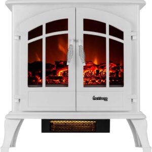 Jasper Freestanding Electric Fireplace Stove Heater - Realistic 3-D Log and Fire Effect (White)