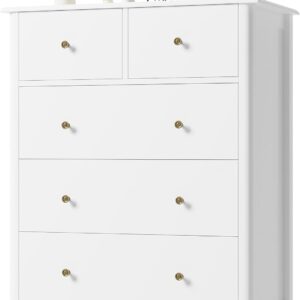 HOUSUIT White Dresser with 5 Drawers, Tall Dresser Chest of Drawers, 5 Drawer Dresser with Deep Space, Wood Dresser Storage Cabinet for Living Room, Hallway, Office, White
