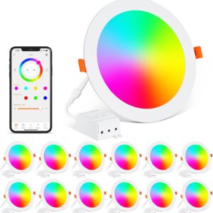 Smart Recessed Lighting 6 Inch Color Changing 16W LED Downlight,1350 Lumen Recessed Ceiling Light Compatible with Alexa,RGB & Cool White 5000K Dimmable by Bluetooth Control -12Pack