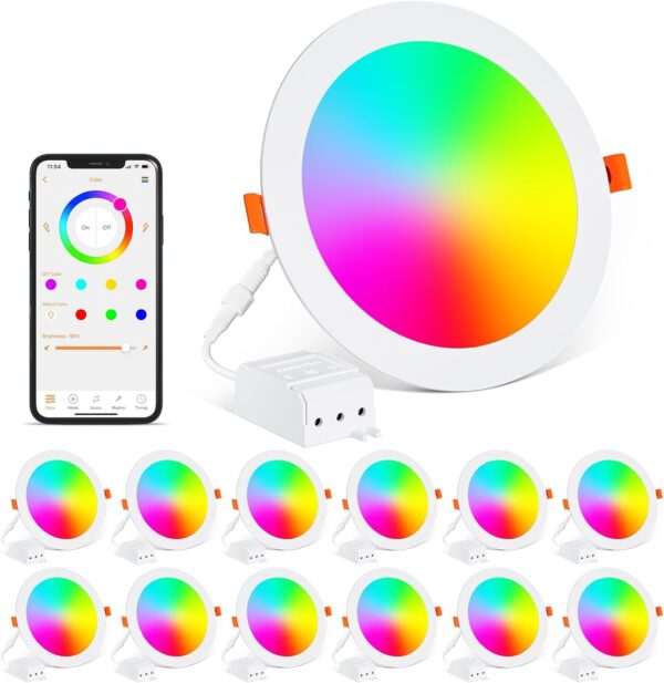 Smart Recessed Lighting 6 Inch Color Changing 16W LED Downlight,1350 Lumen Recessed Ceiling Light Compatible with Alexa,RGB & Cool White 5000K Dimmable by Bluetooth Control -12Pack