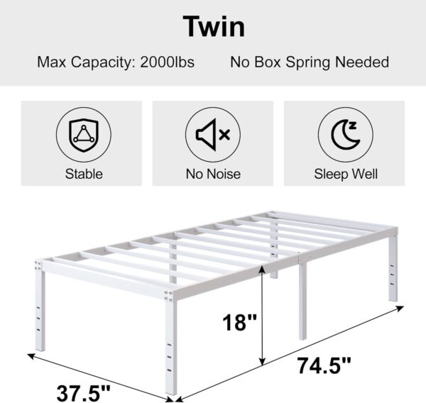 18 Inch Twin Bed Frame Heavy Duty No Box Spring Needed Metal Platform with Maximum Storage, Easy Assembly, Noise Free, White - Image 2