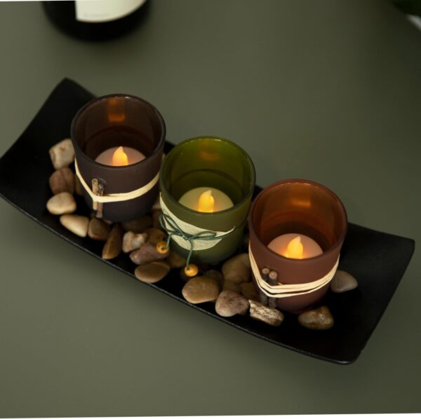 Dawhud Direct Decorative Votive Candle Holders, Vintage Decor Flameless Natural Candlescape Set, 3 LED Tea Light Candles, Rocks and Tray (Natural Earth Tones) - Image 5