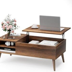 Furmax Wood Lift Top Coffee Table with Hidden Compartment, Storage Shelf and Metal Frame, Modern Center Table for Home Living Room Office (Rustic Oak)