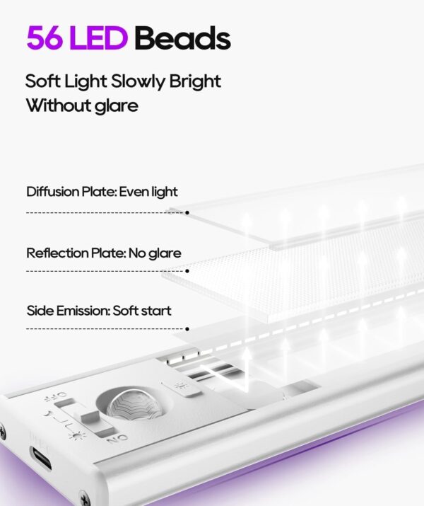 Under Cabinet Lights 2 Pack, 3200mAh Motion Sensor Light Indoor, Under Cabinet Lighting Wireless, Closet Lights, 60 LED Lights for Bedroom, Under Counter Lights for Kitchen - Image 7