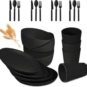 Wheat Straw Dinnerware Sets - 24 pcs Lightweight Unbreakable Dishwasher Microwave Safe Cups Cutlery Plates and Bowls Set for 4 Suitable for Camping Party Grill（Black）