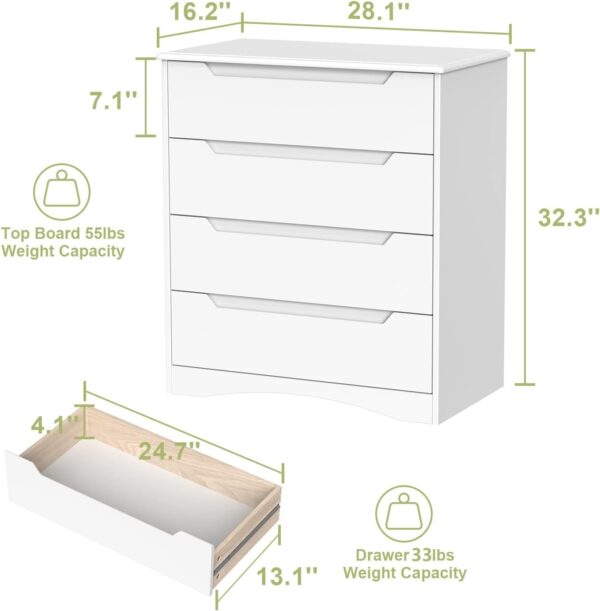 Gizoon 4 Drawer Dresser, White Chest of Drawers with Large Storage Capacity, Bedroom Dressers and Organizer with Embedded Handles and Sturdy Anti-Tripping Device for Office, Living Room, Hallway - Image 2