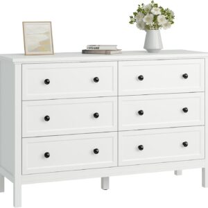 CARPETNAL White Dresser for Bedroom, 6 Drawer Dresser with Wide Drawer and Metal Handles, Wood Dressers & Chests of Drawers for Hallway, Entryway.