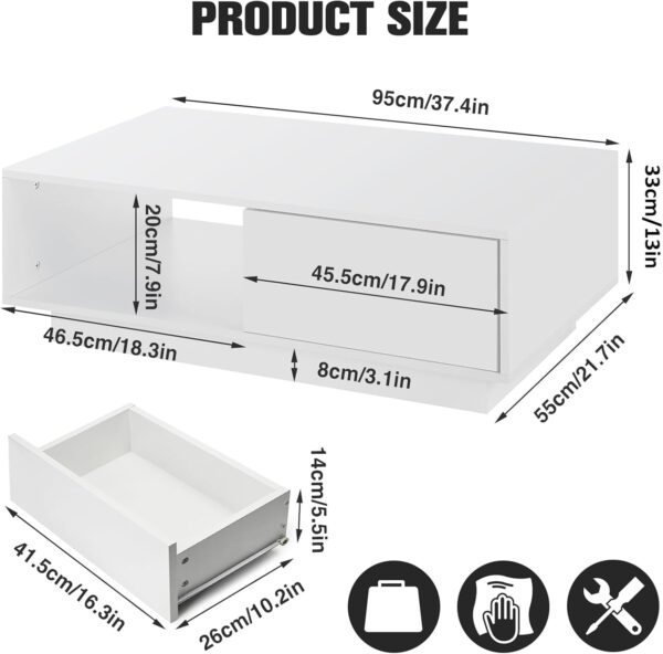 HOMMPA LED Coffee Table Modern Coffee Table White Side Tables High Gloss Center Table Cocktail Table with 2 Drawers Open Shelf for Living Room - Image 2