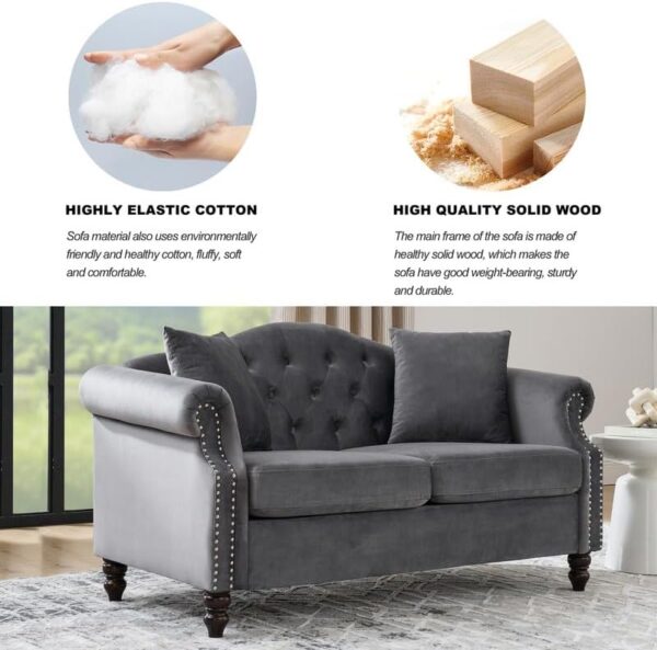 57" Chesterfield Loveseat Velvet Sofa for Living Room,Modern Upholstered 2-Seater Couch, Tufted Velvet Casual Sofa Rolled Arms and Nailhead with 2 Pillows for Bedroom, Office, Grey - Image 4