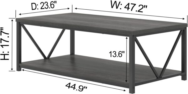 FOLUBAN Industrial Coffee Table with Storage Shelf, Modern Rustic Wooden and Metal Rectangle Center Table for Living Room, Dark Gray, 47 Inch - Image 2