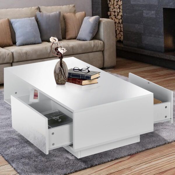 HOMMPA LED Coffee Table Modern Coffee Table White Side Tables High Gloss Center Table Cocktail Table with 2 Drawers Open Shelf for Living Room - Image 6