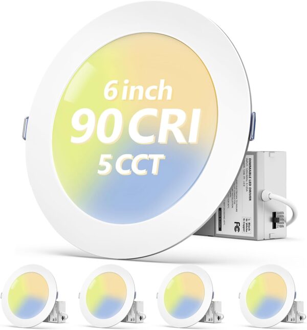 Fondwell 6-Inch LED Recessed Lighting: 4-Pack Dimmable Ultra Thin Canless Recessed Ceiling Lights with 5CCT 12W 90CRI 1050LM for Super Bright Illumination