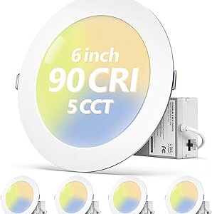 Fondwell 6-Inch LED Recessed Lighting: 4-Pack Dimmable Ultra Thin Canless Recessed Ceiling Lights with 5CCT 12W 90CRI 1050LM for Super Bright Illumination